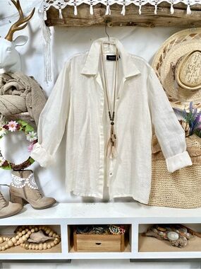 Trendy LINEN boho shirt/cover up w vacay resort beach cottagecore vibe